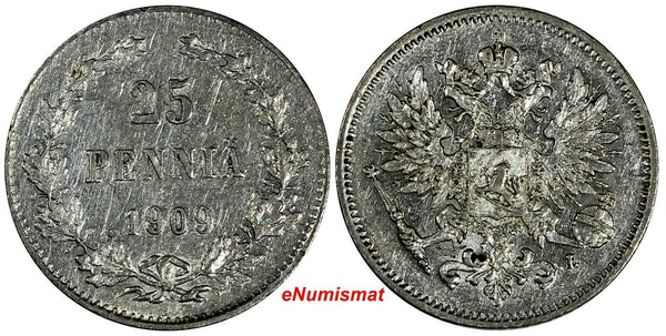 Finland Nicholas II Silver 1909 L 25 Penniä KM# 6.2 (17 281)