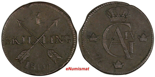 SWEDEN 1805 1 SKILLING OVERSTRUCK ON 2 ORE S.M. 1767 / FULL DATE KM#566 (17304)