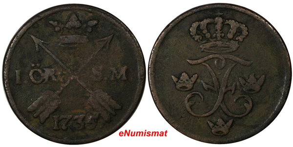 Sweden Frederick I Copper 1735 1 Ore, S.M. KM# 416.1 (10 231)