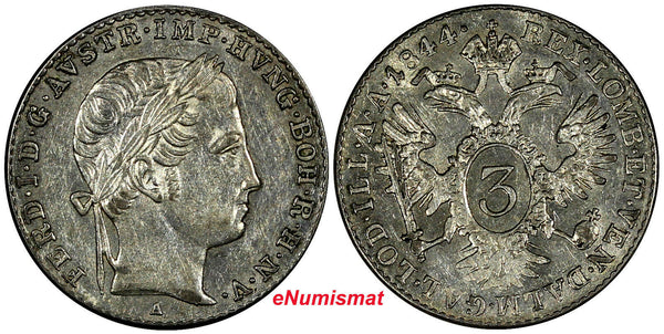 Austria Ferdinand I Silver 1844-A 3 Kreuzer aUNC  KM# 2191 (10 445)