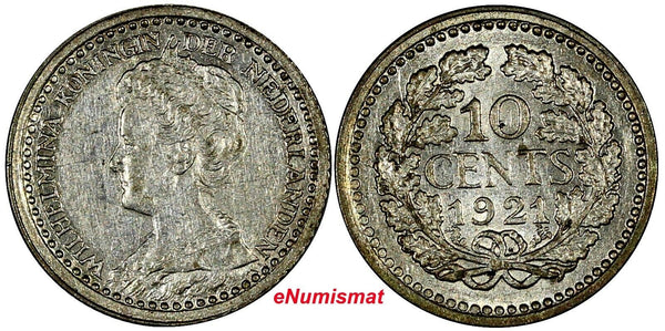 Netherlands Wilhelmina I Silver 1921 10 Cents BETTER DATE KM# 145 (10 730)