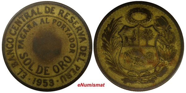 PERU Brass 1953 1 Sol de Oro 33 mm SCARCE KM# 222 (10 909)