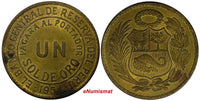 PERU Brass 1954 1 Sol de Oro 33 mm  UNC Condition KM# 222 (10 911)