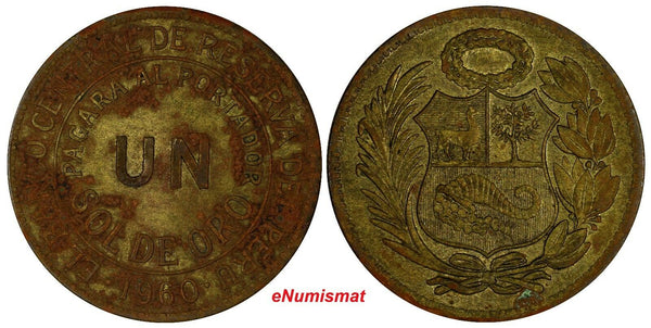 Peru Brass 1960 1 Sol de Oro 33mm VF Condition KM# 222  (11 061)