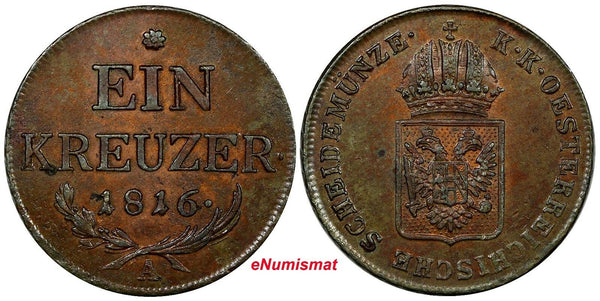 Austria Copper 1816 A 1 Kreuzer aUNC Nice Coin Some Red Toning KM# 2113 (11 252)