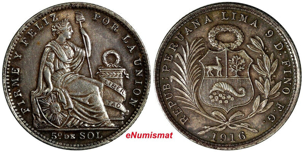 PERU Silver 1916 FG-R 1/5 Sol aUNC Condition Toned KM# 205.2 (13 488)