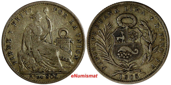 Peru Silver 1903 JF 1/5 Sol Mintage-702,000 Shifted "3" in Date KM#205.2 (13634)