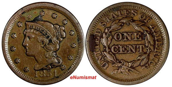 US Copper 1851 Braided Hair Large Cent 1C  (13 655)