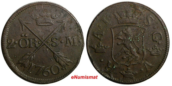 Sweden Adolf Frederick Copper 1760 S.M. 2 Ore Mintage-558,000 KM# 461 (14 204)