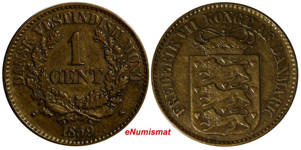 Danish West Indies Frederik VII Bronze 1859 1 Cent Brown Mintage-216,000 KM# 63