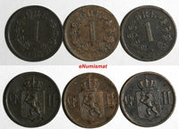 Norway Oscar II Bronze LOT OF 3 COINS 1877 1 Ore BETTER DATE KM# 352