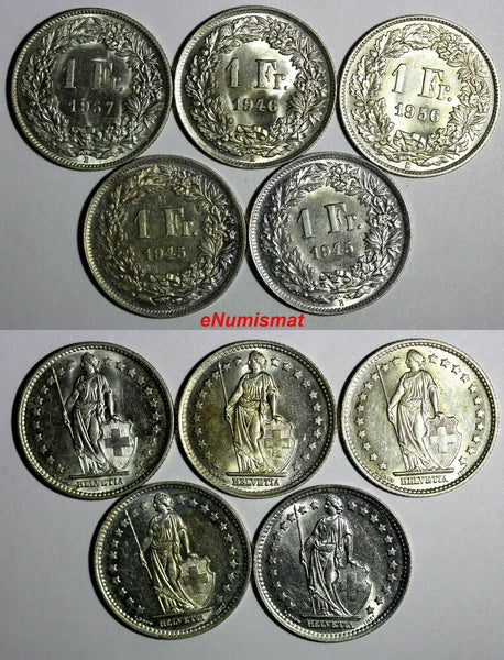 Switzerland Silver LOT OF 5 COINS 1945-1957 1 Franc UNC KM# 24