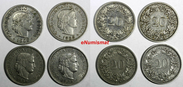Switzerland LOT OF 4 COINS 1884-1908 (B) 20 Rappen HELVETICA VF-XF KM# 29