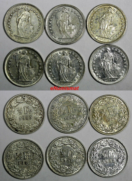 Switzerland Silver LOT OF 6 COINS 1950-1960 1/2 Franc  KM# 23