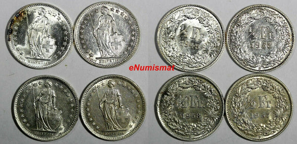 Switzerland Silver LOT OF 4 COINS 1945-1958 1/2 Franc aUNC-UNC KM# 23