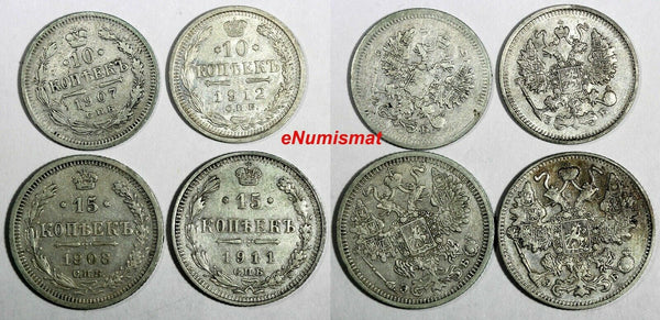 RUSSIA Nicholas II Silver LOT OF 4 COINS 1907-1912 10 Kopecks,15 Kopecks