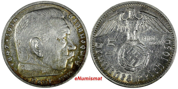 Germany - Third Reich Silver 1939 D 5 Reichsmark Hindenburg XF Cond.KM# 94(17056