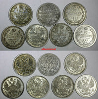 RUSSIA Nicholas II Silver LOT OF 7 COINS 1907-1914 20 Kopecks Y# 22a.1
