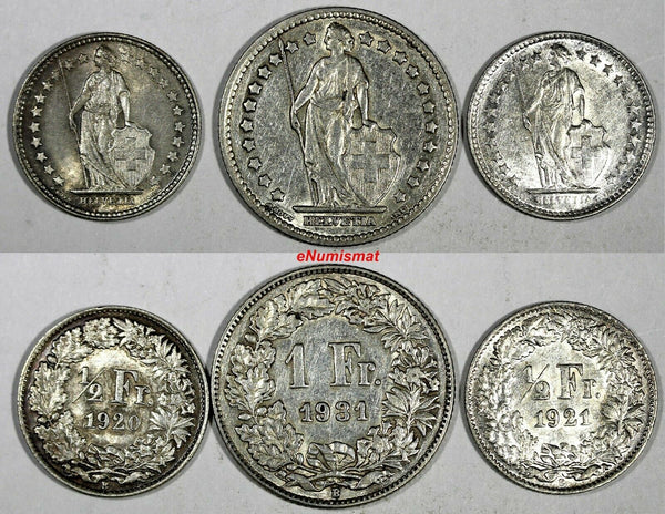 Switzerland Silver LOT OF 3 COINS 1920,1921,1931 1 Franc ,1/2 Franc  KM# 24;KM23