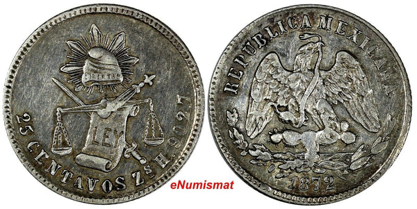 Mexico Silver 1872 Zs H 25 Centavos Mintage-260,000 Zacatecas KM# 406.9 (177)