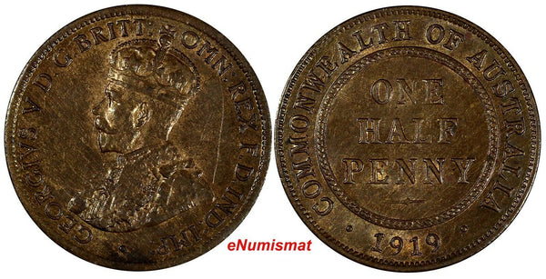 Australia George V Bronze 1919 1/2 Penny Sydney Mint aUNC KM# 22