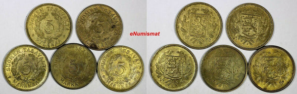 FINLAND Brass LOT OF 5 COINS 1946-1950 5 Markkaa HIGH GRADE KM# 31a (17 191)