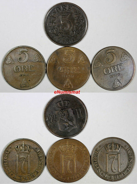 NORWAY BRONZE LOT OF 4 COINS 1876,1916,1922 5 Ore KM# 368,KM#349