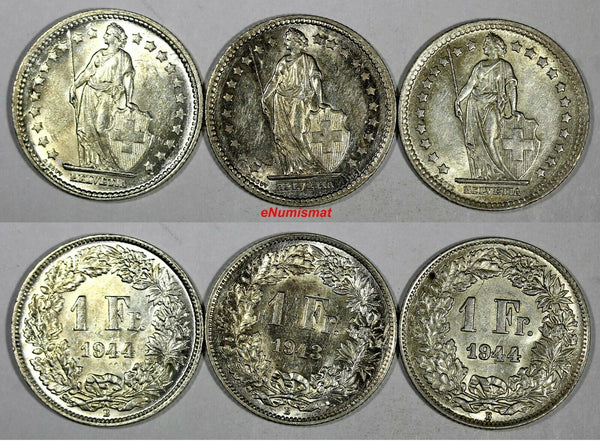 Switzerland Silver LOT OF 3 COINS 1943-1944 1 Franc UNC Condition KM# 24
