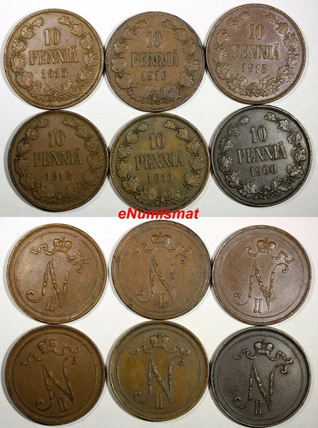 FINLAND Nicholas II Copper LOT OF 6 COINS 1900-1916 10 Pennia KM#14 (17 213)