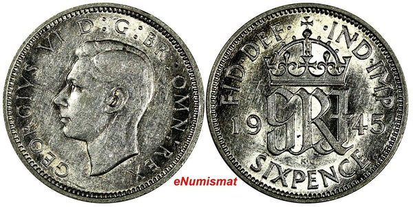 Great Britain George VI Silver 1945 6 Pence WWII Issue KM# 852 (17 253)