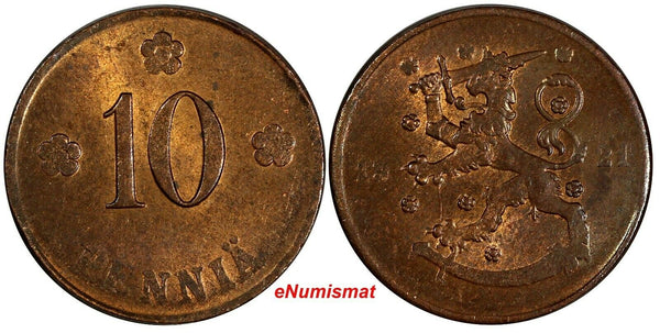 Finland Copper 1921 10 Penniä  UNC Condition KM# 24 (17 468)