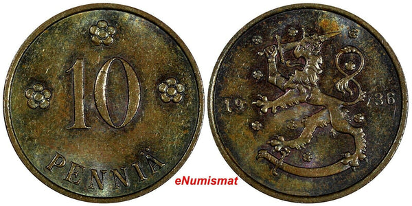 Finland Copper 1936 10 Penniä  UNC Condition KM# 24 (17 469)