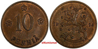 Finland Copper 1924 10 Penniä  UNC Condition KM# 24 (17 471)