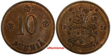 Finland Copper 1924 10 Penniä  UNC Condition KM# 24 (17 471)