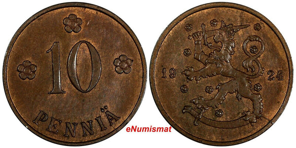 Finland Copper 1924 10 Penniä  UNC Condition KM# 24 (17 471)