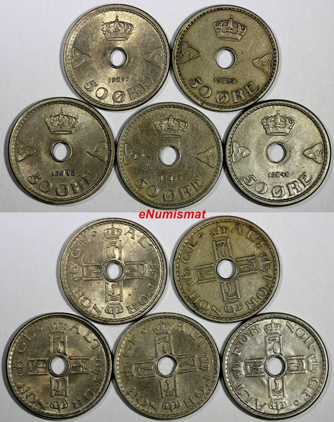 Norway Haakon VII LOT OF 5 COINS 1929(2 p),1945,1948,1949 50 Øre KM# 386 (17474)