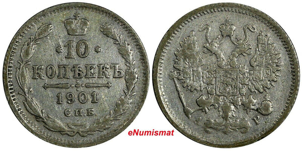 RUSSIA Nicholas II Silver 1901 SPB AP 10 Kopeks Y# 20a.2 (18 006)