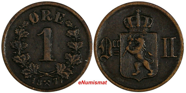 Norway Oscar II Bronze 1877 1 Ore BETTER DATE VF Condition KM# 352 (18 061)
