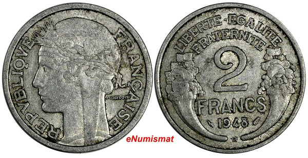 France Aluminum 1948 B 2 Francs 27 mm Beaumont-le-Roger KM# 886a.2 (18 088)