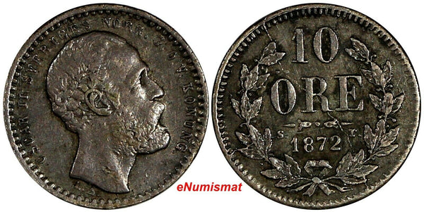 Sweden Oscar II Silver 1872 ST 10 Öre Mintage-120,000 SCARCE KM# 727 (18 102)