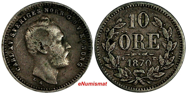 Sweden Carl XV Adolf Siver 1870 ST 10 Öre Mintage-384,000 KM# 710 (18 104)