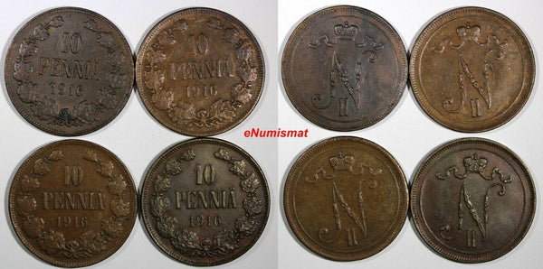 Finland Nicholas II Copper LOT OF 4 COINS 1916 10 Penniä KM# 14 (18 106)