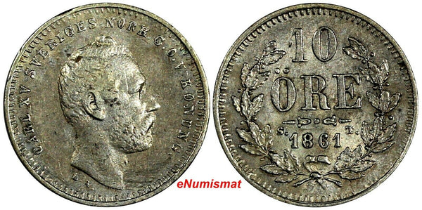 Sweden Carl XV Adolf Siver 1861 ST 10 Öre Mintage-579,000 KM# 710 (18 110)