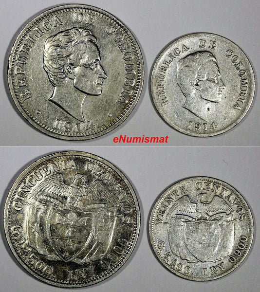 Colombia Simon Bolivar Silver Lot of 2 Coins 1914 50,20 Centavos KM#193.2,KM#197