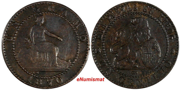 Spain Provisional Government Copper 1870 OM 1 Centimo XF Condit.KM# 660 (18 115)