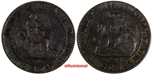 Spain Provisional Government Copper 1870 OM 1 Centimo XF Condit.KM# 660 (18 116)