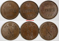 Finland Nicholas II Copper LOT OF 3 COINS 1914 5 Pennia KM# 15 (18 123)