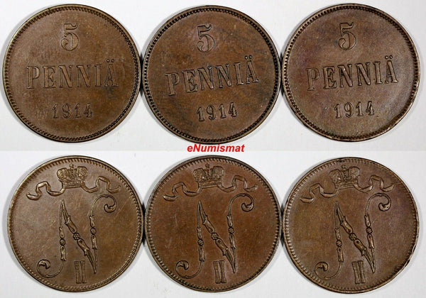 Finland Nicholas II Copper LOT OF 3 COINS 1914 5 Pennia KM# 15 (18 123)