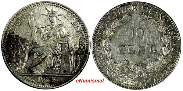French Indo-China Silver 1937 10 Cents 1 Year Type UNC Toned KM# 16.2 (18 134)