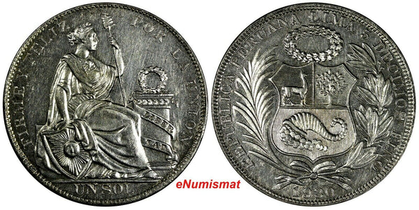 Peru Silver 1930 1 Sol  37mm Mintage-76,000 Mint Luster aUNC KM# 218.2 (18 143)